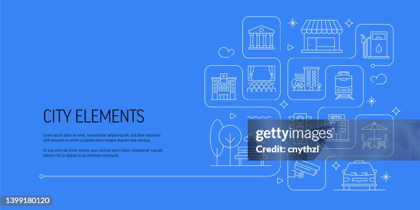 city elements related vector banner design concept, modern line style with icons - petrol station stock illustrations