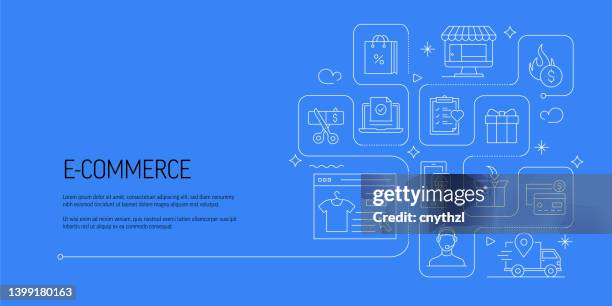 stockillustraties, clipart, cartoons en iconen met e-commerce related vector banner design concept, modern line style with icons - online winkelen