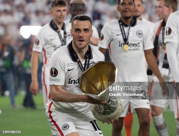 Filip Kostic of Eintracht Frankfurt celebrats winning the UEFA Europa League final match between Eintracht Frankfurt and Rangers FC at Estadio Ramon...