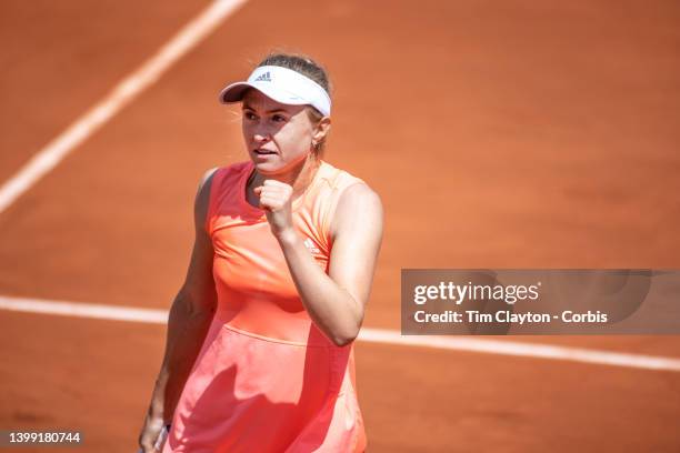 May 25. Aliaksandra Sasnovich celebrates her victory against Emma Raducanu of Great Britain on Court Suzanne Lenglen during the singles second round...