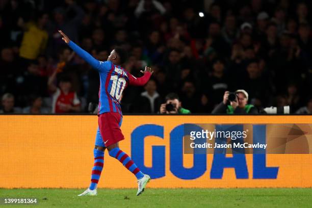 Ansu Fati of FC Barcelona celebrates scoring a goal during the match between FC Barcelona and the A-League All Stars at Accor Stadium on May 25, 2022...