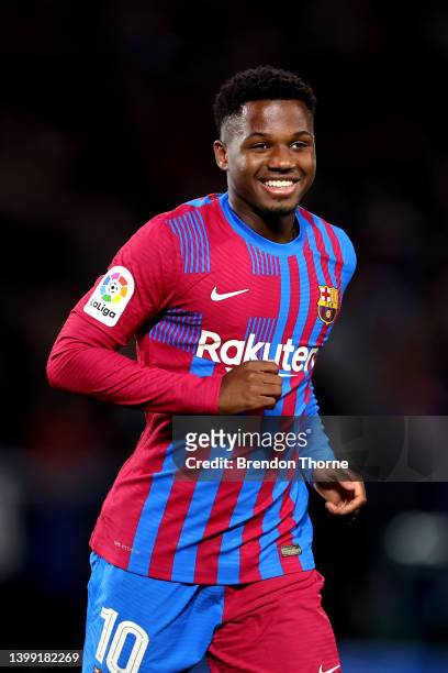 Ansu Fati of FC Barcelona celebrates scoring a goal during the match between FC Barcelona and the A-League All Stars at Accor Stadium on May 25, 2022...