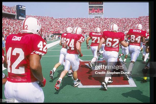 General view of the Nebraska Cornhuskers coming out onto the field for a game against the Michigan State Spartans at Memorial Stadium in Lincoln,...