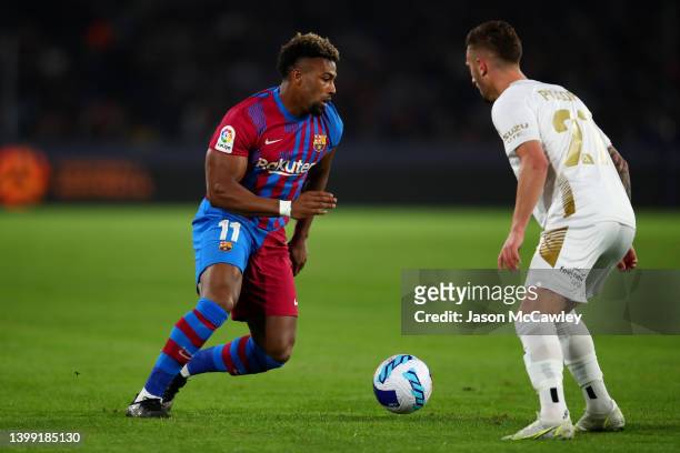 Adama Traore of FC Barcelona controls the ball during the match between FC Barcelona and the A-League All Stars at Accor Stadium on May 25, 2022 in...