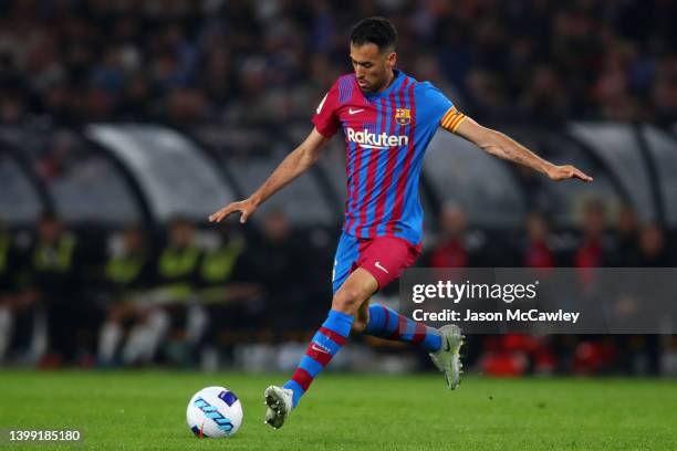 Sergio Busquets of FC Barcelona controls the ball during the match between FC Barcelona and the A-League All Stars at Accor Stadium on May 25, 2022...
