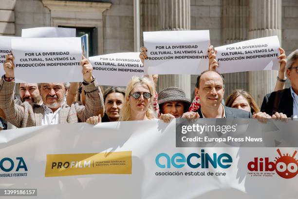 Demonstrators protest against the new General Law of Audiovisual Communication, at the Congress of Deputies, on 25 May, 2022 in Madrid, Spain. The...