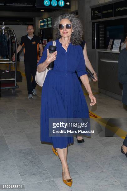 Actress Andie MacDowell is seen departing the 75th annual Cannes film festival at Nice Airport on May 25, 2022 in Nice, France.