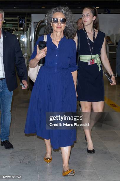 Actress Andie MacDowell is seen departing the 75th annual Cannes film festival at Nice Airport on May 25, 2022 in Nice, France.