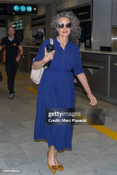 Actress Andie MacDowell is seen departing the 75th annual Cannes film festival at Nice Airport on May 25, 2022 in Nice, France.