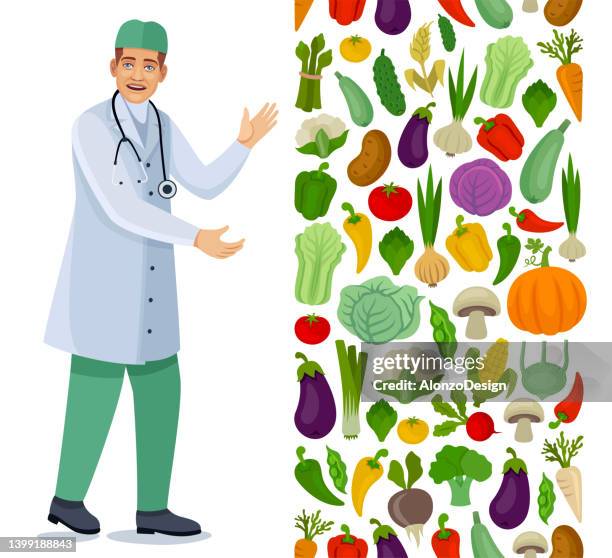 ilustrações de stock, clip art, desenhos animados e ícones de nutritionist doctor showing vegetables. - anatomical substance stock illustrations