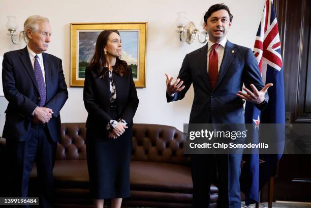 Sen. Jon Ossoff delivers brief remarks about Tuesday's school massacre in Texas before a meeting with New Zealand Prime Minister Jacinda Ardern and...