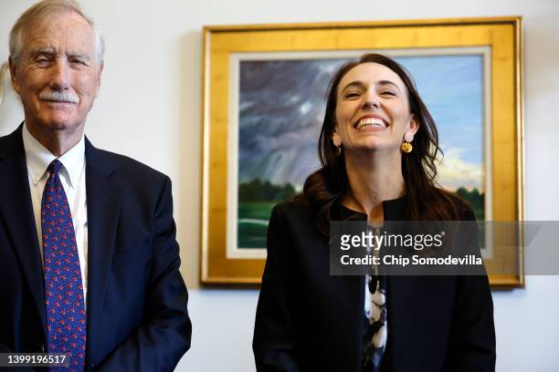 New Zealand Prime Minister Jacinda Ardern and Sen. Angus King share a laugh before a meeting with Sen. Jon Ossoff in the Dirksen Senate Office...