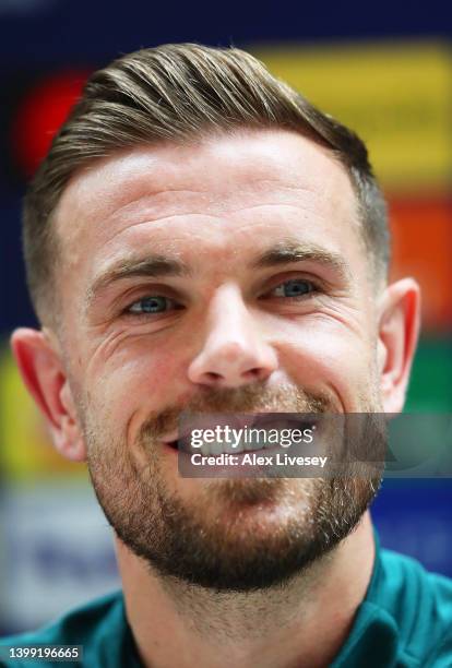 Jordan Henderson of Liverpool speaks in a press conference at AXA Training Centre on May 25, 2022 in Kirkby, England.