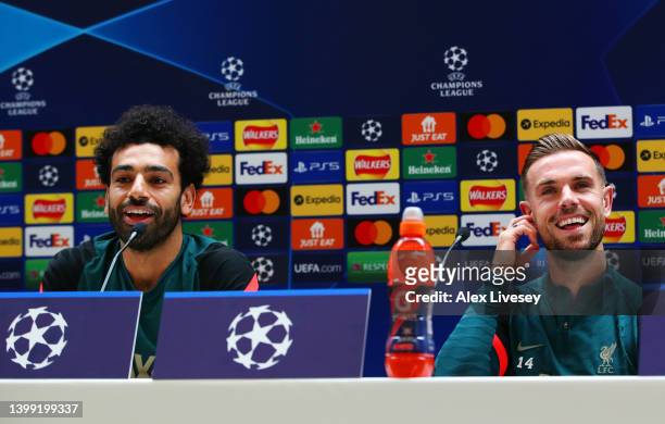 Mohamed Salah and Jordan Henderson of Liverpool speaksin a press conference at AXA Training Centre on May 25, 2022 in Kirkby, England.