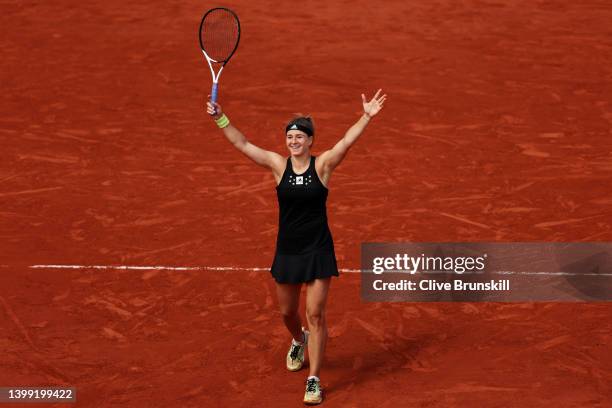 Karolina Muchova of Czech Republic celebrates match poagainst Maria Sakkari of Greece during the Women's Singles Round 2 on Day Four of The 2022...