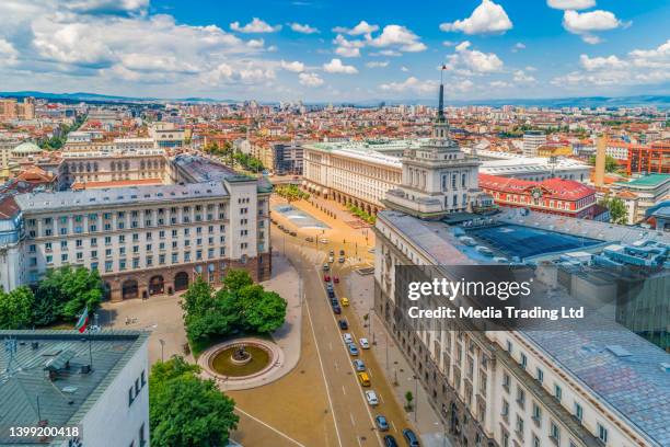 wide aerial drone shot of downtown district, sofia city, bulgaria - bulgaria nature stock pictures, royalty-free photos & images