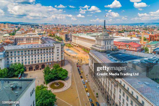 wide aerial drone shot of downtown district, sofia city, bulgaria - bulgarien bildbanksfoton och bilder
