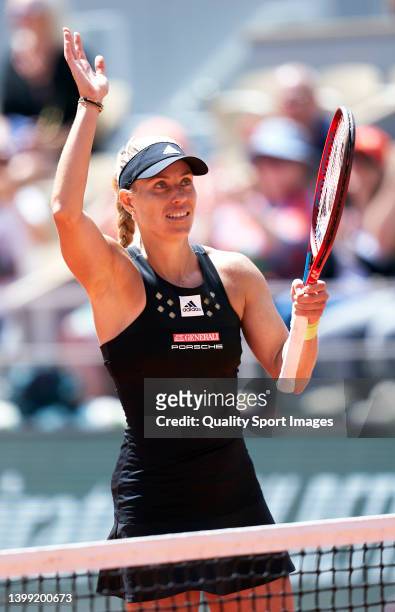 Angelique Kerber of Germany celebrates her win over against Elsa Jacquemot of France in their second round match during day four of the 2022 French...