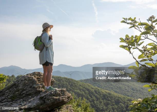 female hiker relaxes at viewpoint, at sunrise - see far stock pictures, royalty-free photos & images