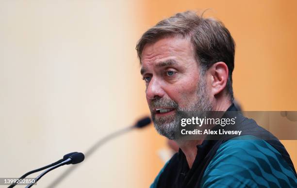 Juergen Klopp, Manager of Liverpool speaks in a press conference at AXA Training Centre on May 25, 2022 in Kirkby, England.