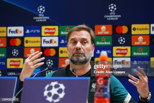 Juergen Klopp, Manager of Liverpool speaks in a press conference at AXA Training Centre on May 25, 2022 in Kirkby, England.