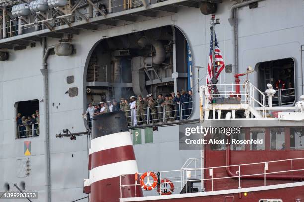 Marines and Navy sailors from the USS Bataan arrive for Fleet Week 2022 as seen from the Intrepid Museum on May 25, 2022 in New York City. Fleet Week...