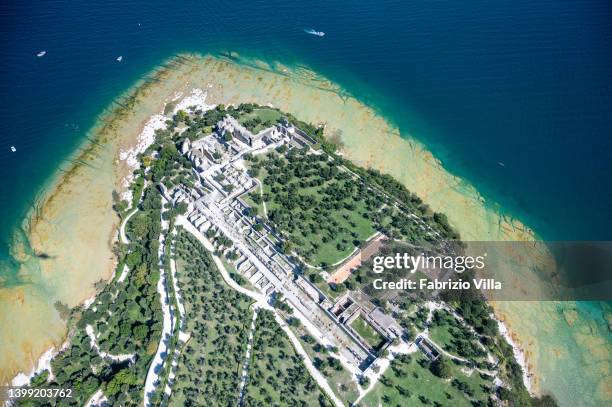 Aerial view, from a helicopter, 'Grotte di Catullo', a Roman villa built between the end of the 1st century BC and the 1st century AD in Sirmione, in...