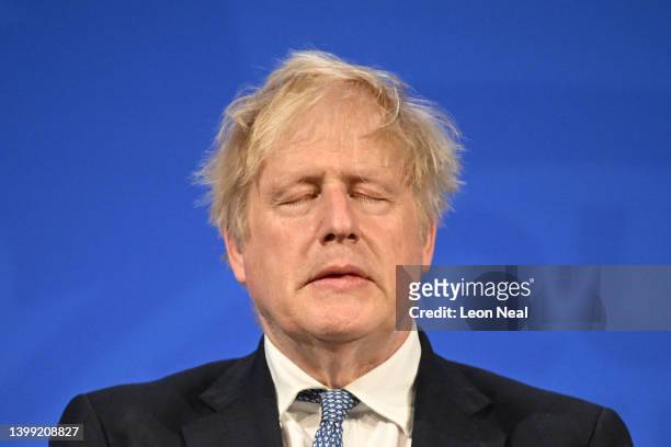 Prime Minister Boris Johnson holds a press conference in response to the publication of the Sue Gray report Into "Partygate" at Downing Street on May...