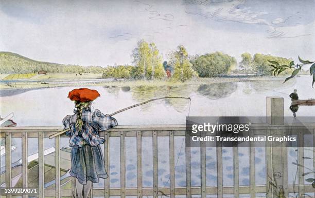 Illustration, by Carl Larsson from his book 'Das Haus in der Sonne,' depicts, from behind, of a young girl as she fishes from a railing at the...