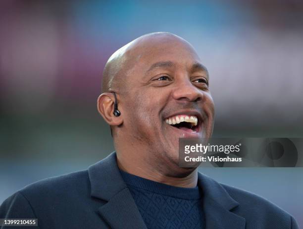 Sky Sports pundit Dion Dublin laughs ahead of the Premier League match between Aston Villa and Burnley at Villa Park on May 19, 2022 in Birmingham,...