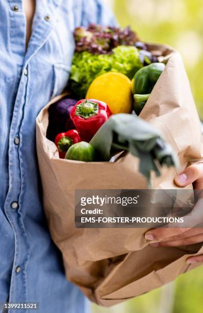 young woman is carrying one paper bag of vegetables  at home - shopping paper bag stock-fotos und bilder