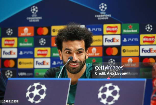 Mohamed Salah of Liverpool faces the media during a press conference at AXA Training Centre on May 25, 2022 in Kirkby, England.