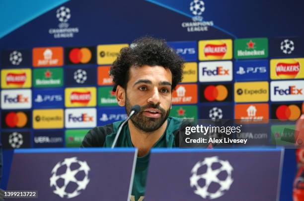 Mohamed Salah of Liverpool faces the media during a press conference at AXA Training Centre on May 25, 2022 in Kirkby, England.