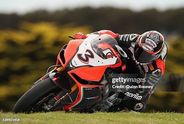 Max Biaggi of Italy rides the Aprilia Racing Team Aprillia during race one of the 2012 Superbike FIM World Championship at Phillip Island Grand Prix...