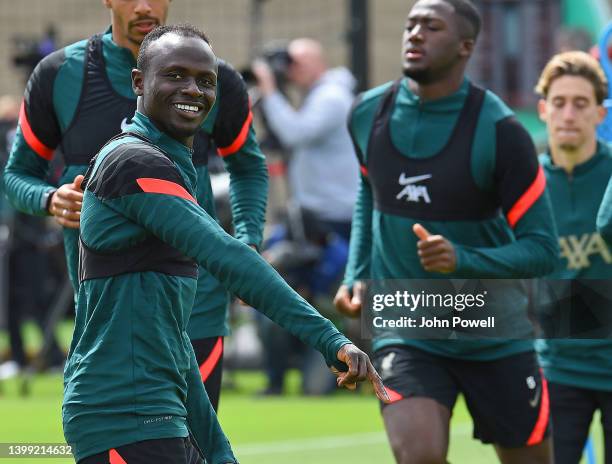 Sadio Mane of Liverpool during a training session at AXA Training Centre on May 25, 2022 in Kirkby, England.