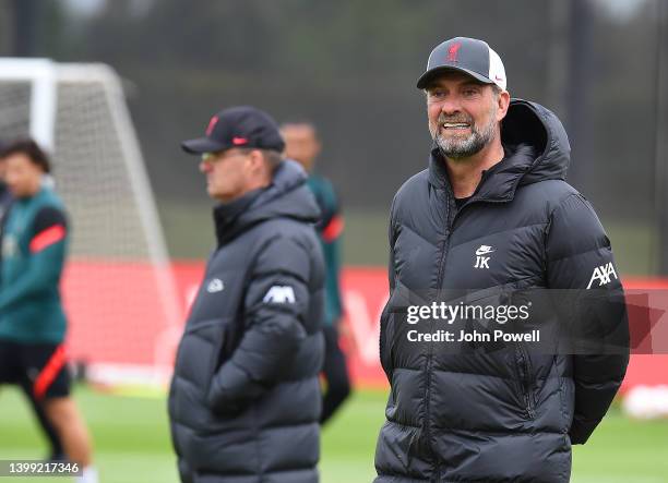 Jurgen Klopp manager of Liverpool during a training session at AXA Training Centre on May 25, 2022 in Kirkby, England.