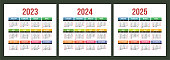 Calendar 2023, 2024 and 2025 years. Square vector calender design template. English colorful set. Week starts on Sunday. January, February, March, April, May, June, July, August, September, October, November, December
