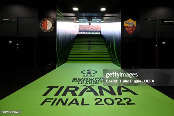 General view inside the tunnel prior to the UEFA Conference League final match between AS Roma and Feyenoord at Arena Kombetare on May 25, 2022 in...