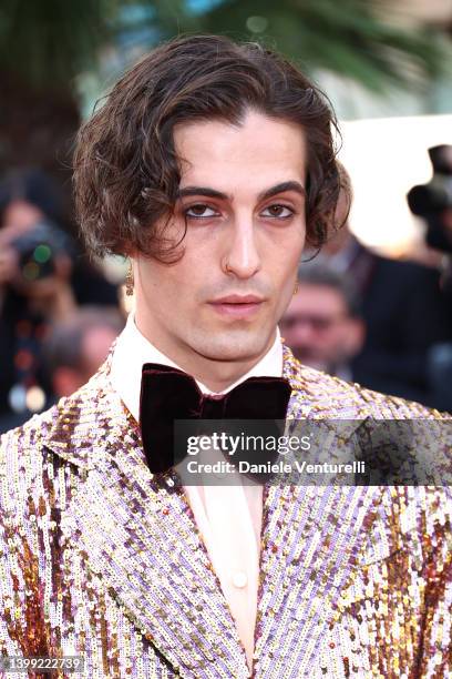 Damiano David of Maneskin attends the screening of "Elvis" during the 75th annual Cannes film festival at Palais des Festivals on May 25, 2022 in...