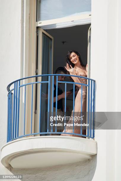 Bella Hadid is seen during the 75th annual Cannes film festival on the balcony of the Hotel Martinez on May 25, 2022 in Cannes, France.