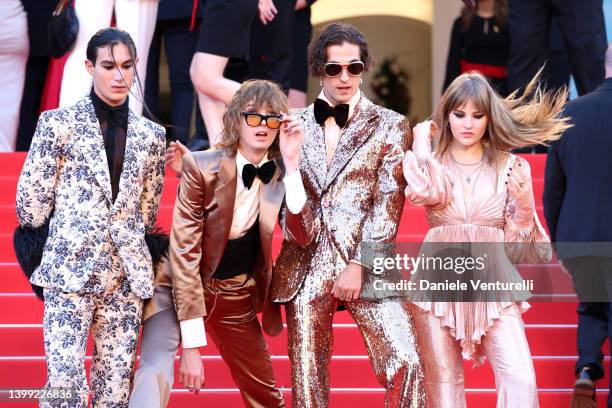 Ethan Torchio, Thomas Raggi, Damiano David and Victoria De Angelis of Maneskin attend the screening of "Elvis" during the 75th annual Cannes film...