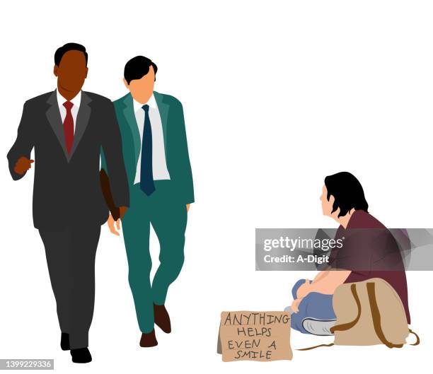 stockillustraties, clipart, cartoons en iconen met homeless man on street businessmen - echte mensen