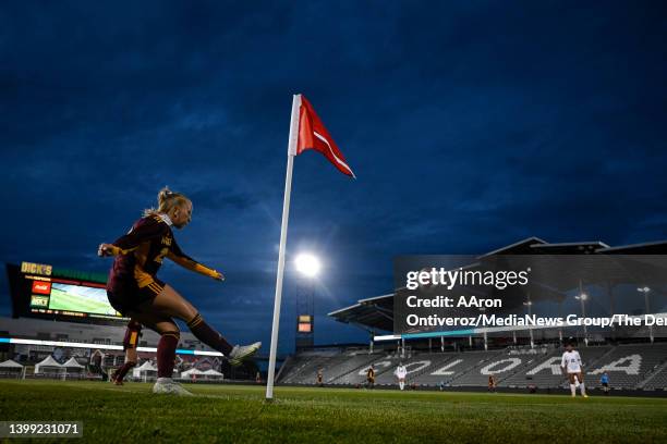 Jolie Jiricek of the Windsor Wizards takes a corner kick against the Northfield Nighthawks during the first half of the teams"u2019 4A state...
