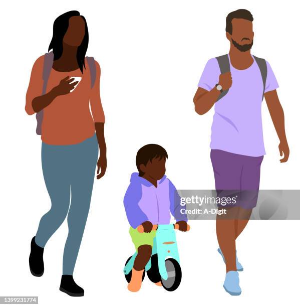 toddler boy on balance bike with mom and dad - real people stock illustrations