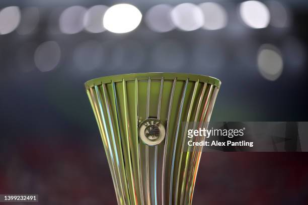 Detailed view of the UEFA Europa Conference League Trophy is seen prior to the UEFA Conference League final match between AS Roma and Feyenoord at...