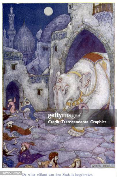 Illustration , from Foeke Sjoerds' book 'Helden der Mensheid,' entitled 'De witte olifant van den Shah is losgebroken' and depicting people running...