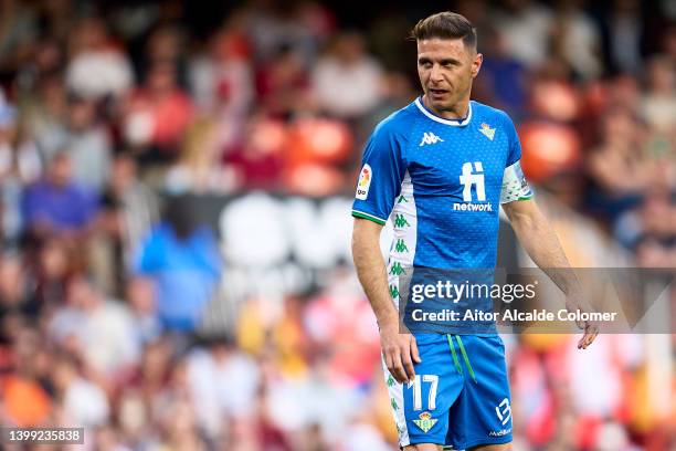 Joaquin Sanchez of Real Betis looks on during the La Liga Santader match between Valencia CF and Real Betis at Estadio Mestalla on May 10, 2022 in...