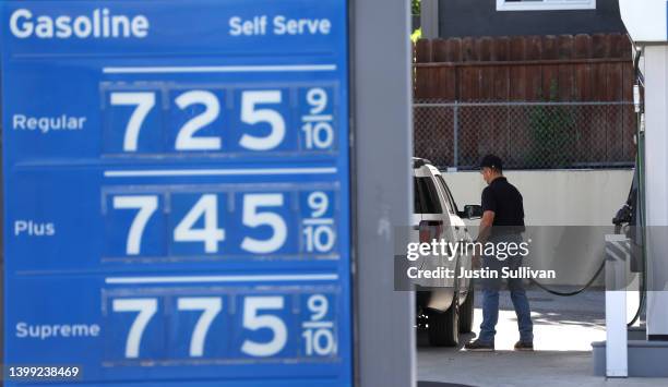 Gas prices over $7.00 a gallon are displayed at a Chevron gas station on May 25, 2022 in Menlo Park, California. As gas prices surge to record highs...