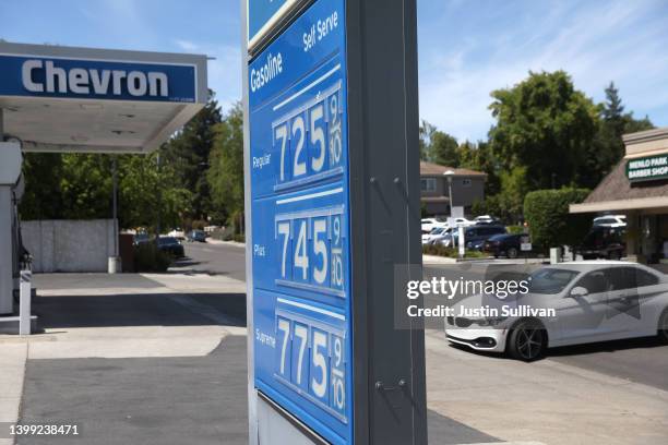 Gas prices over $7.00 a gallon are displayed at a Chevron gas station on May 25, 2022 in Menlo Park, California. As gas prices surge to record highs...