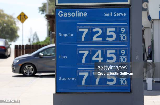 Gas prices over $7.00 a gallon are displayed at a Chevron gas station on May 25, 2022 in Menlo Park, California. As gas prices surge to record highs...